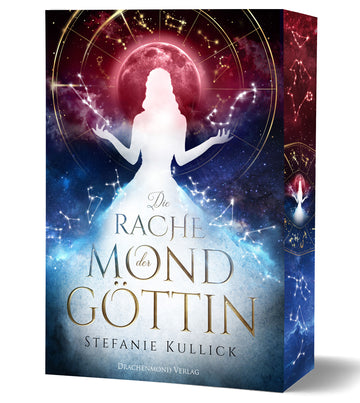 Das Cover zeigt mittig eine leuchtende Frauensilhouette in einem leuchtenden ausladenden Ballkleid, vor einem Sternenhimmel. Hinter ihrem Kopf ist ein roter Mond und darum ein goldener Ring aus Tierkreiszeichen. Verschiedene Sternbilder sind auf dem ganzen Cover verteilt. Der Titel und die Autorin stehen in goldener Schrift auf dem Ballkleid.